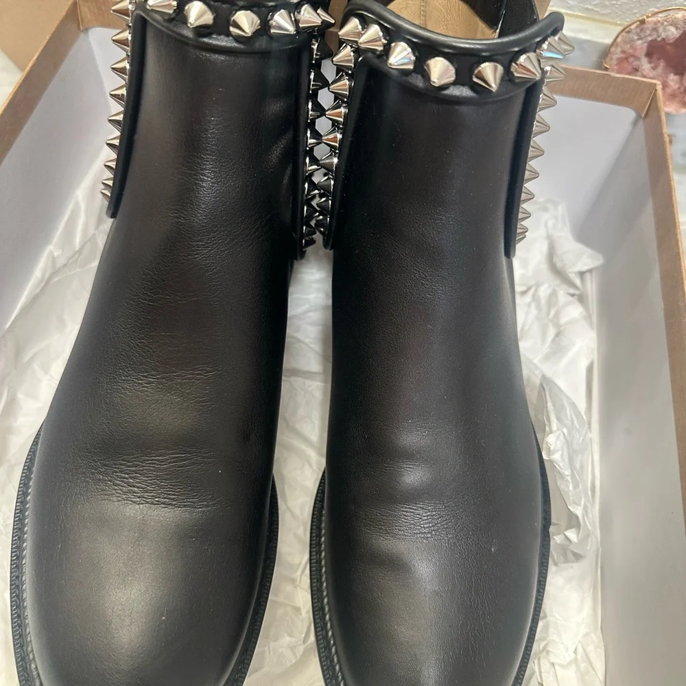 Christian Louboutin Black Leather Studded Chelsea Booties - Picture 2 of 8